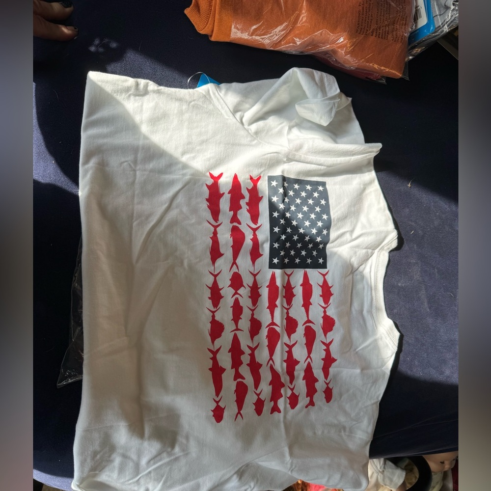 Columbia White Tee with Red and Blue Graphic